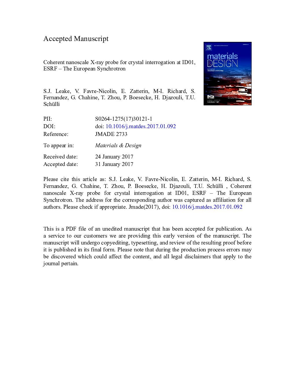 Coherent nanoscale X-ray probe for crystal interrogation at ID01, ESRF - The European Synchrotron