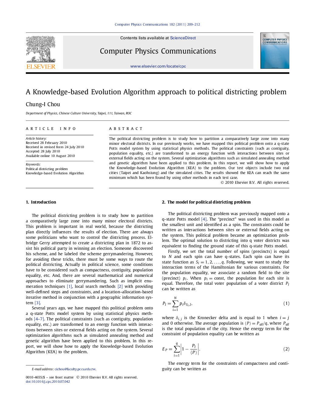 عکس صفحه اول مقاله: A Knowledge-based Evolution Algorithm approach to political districting problem A Knowledge-based Evolution Algorithm approach to political districting problem
