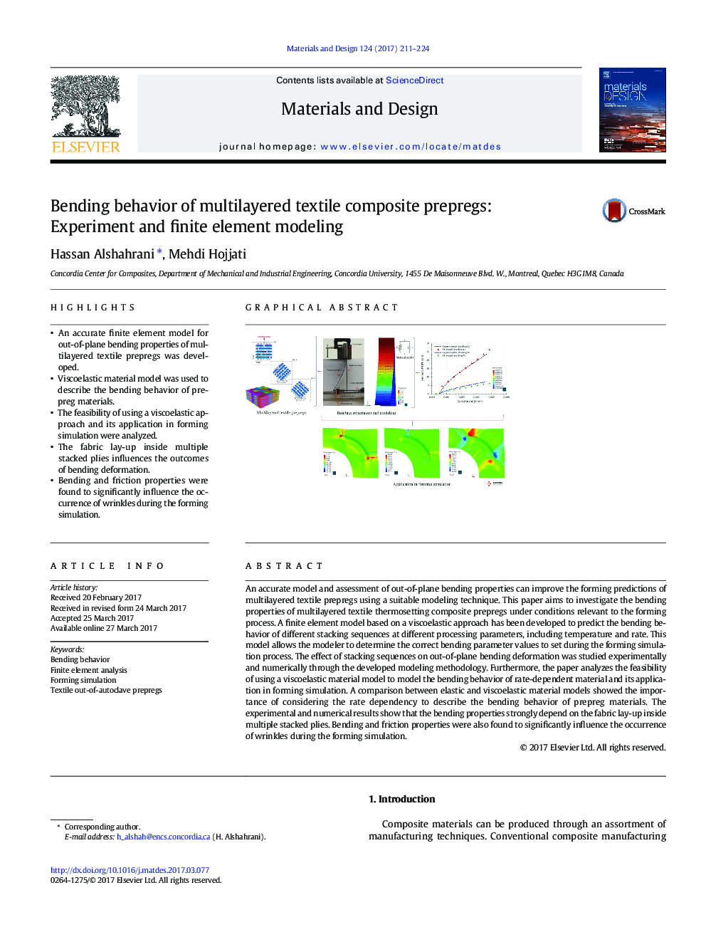 Bending behavior of multilayered textile composite prepregs: Experiment and finite element modeling