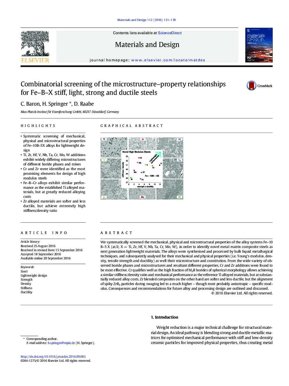 Combinatorial screening of the microstructure-property relationships for Fe-B-X stiff, light, strong and ductile steels