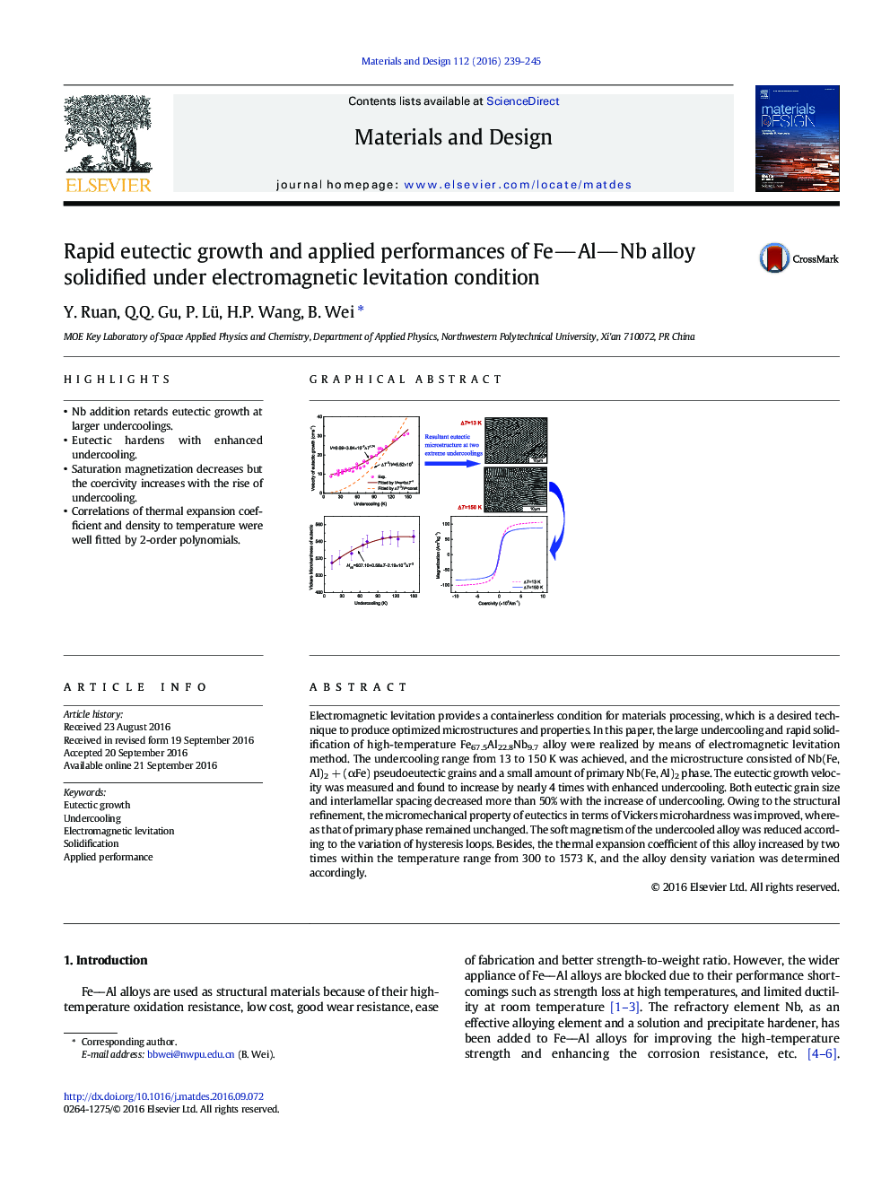 Rapid eutectic growth and applied performances of FeAlNb alloy solidified under electromagnetic levitation condition