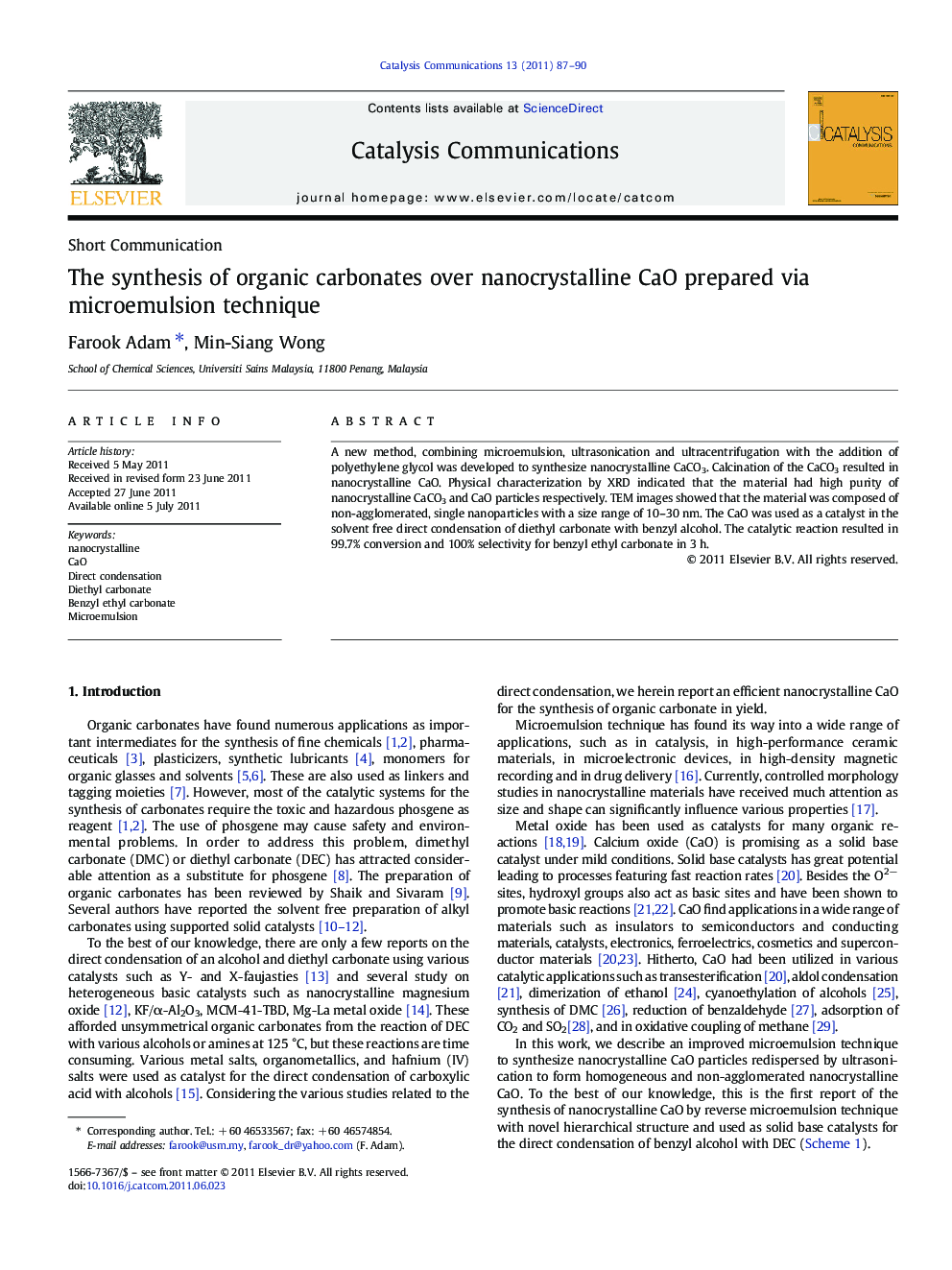 The synthesis of organic carbonates over nanocrystalline CaO prepared via microemulsion technique