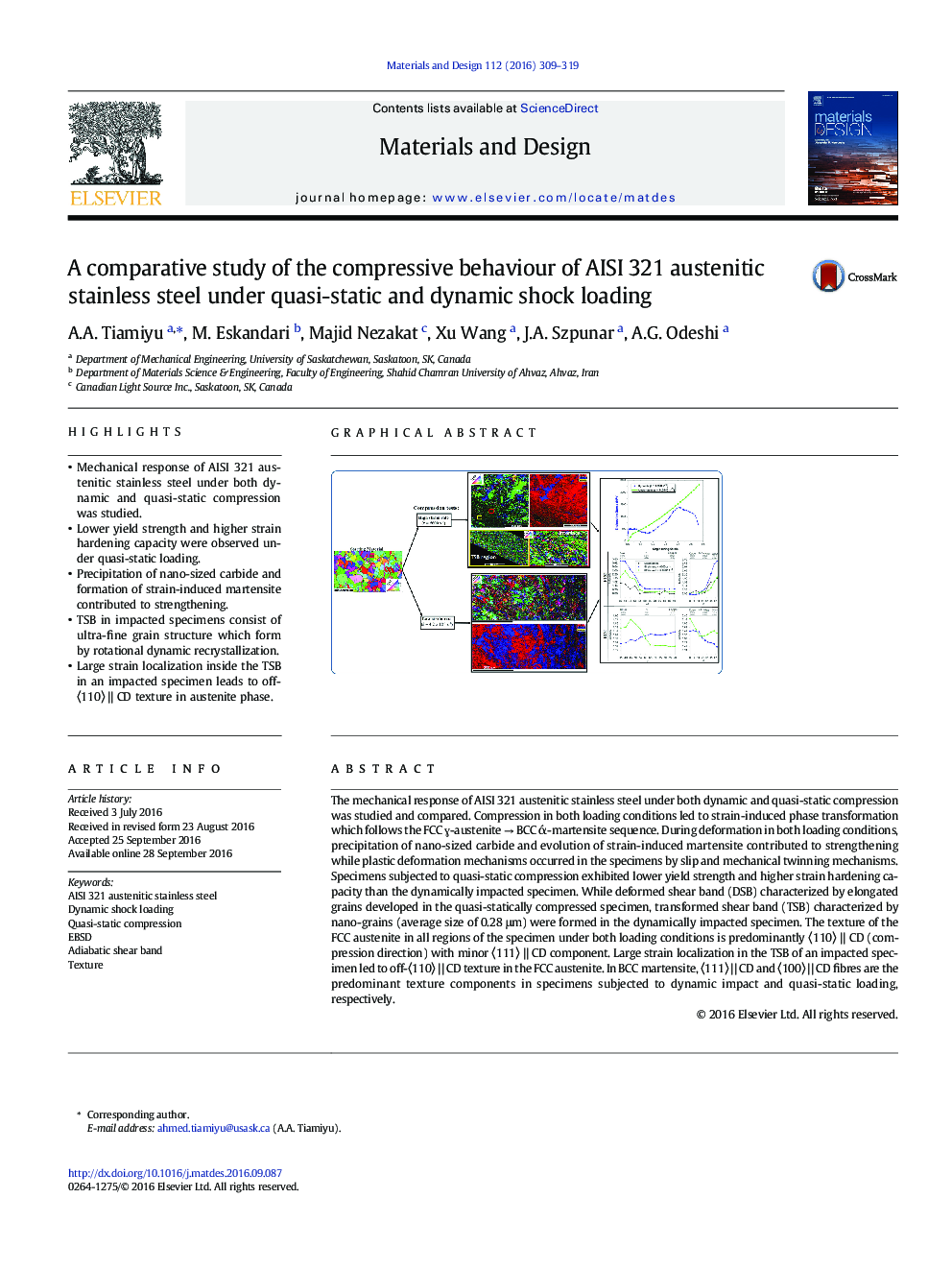 عکس صفحه اول مقاله: A comparative study of the compressive behaviour of AISI 321 austenitic stainless steel under quasi-static and dynamic shock loading A comparative study of the compressive behaviour of AISI 321 austenitic stainless steel under quasi-static and dynamic shock loading