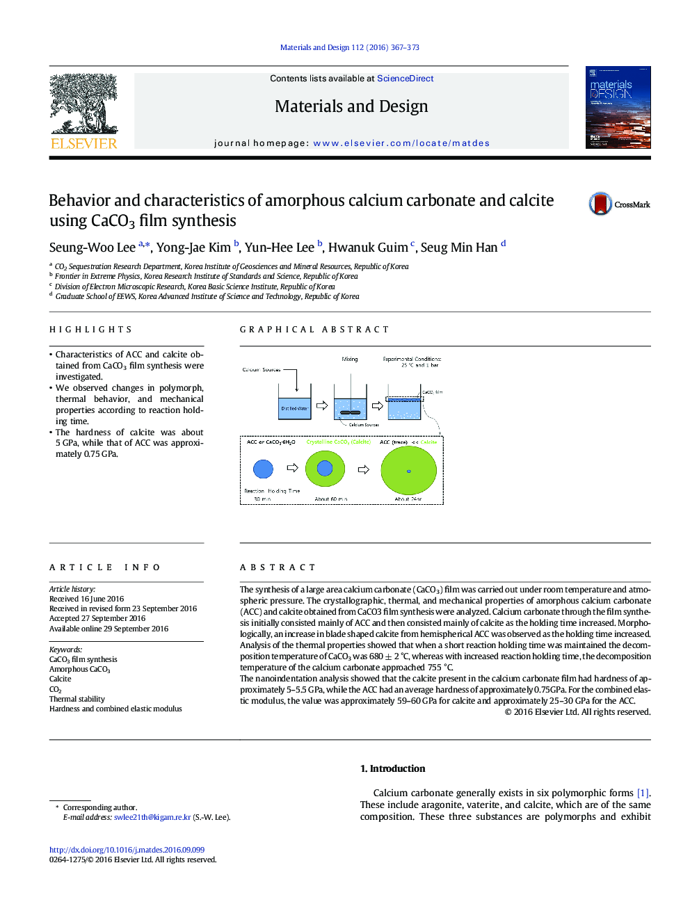 Behavior and characteristics of amorphous calcium carbonate and calcite using CaCO3 film synthesis