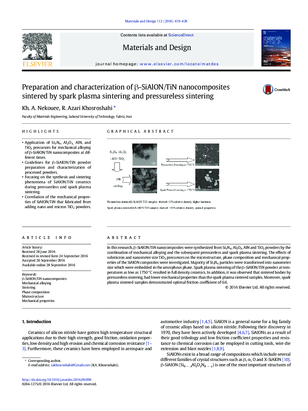 Preparation and characterization of Î²-SiAlON/TiN nanocomposites sintered by spark plasma sintering and pressureless sintering