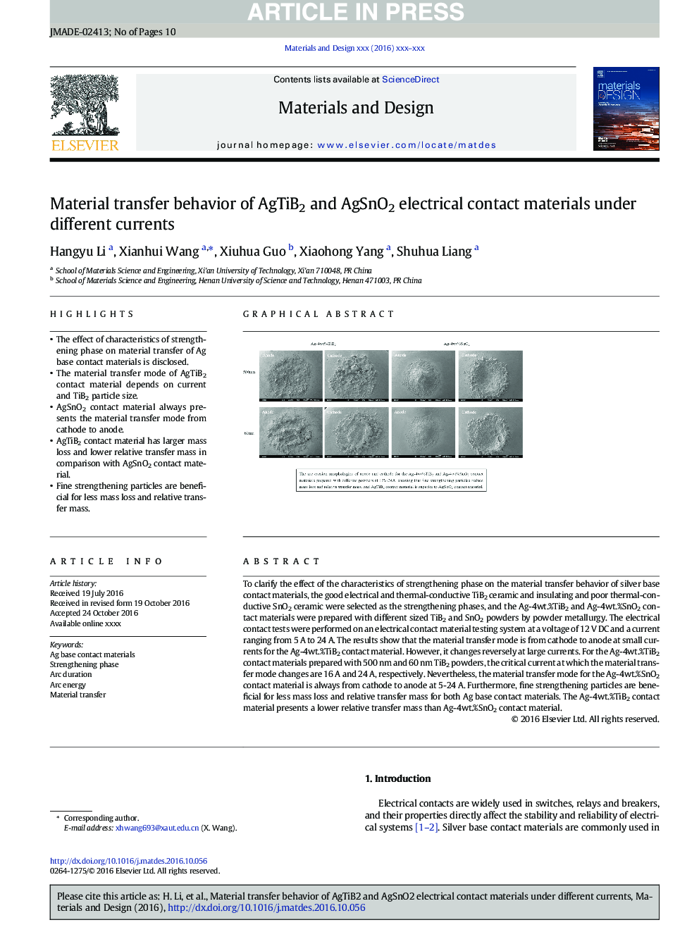 Material transfer behavior of AgTiB2 and AgSnO2 electrical contact materials under different currents
