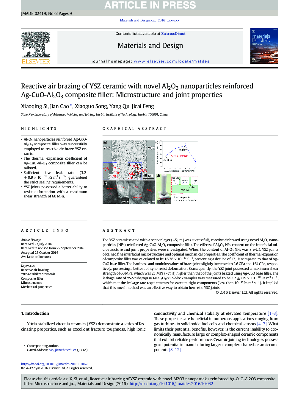 Reactive air brazing of YSZ ceramic with novel Al2O3 nanoparticles reinforced Ag-CuO-Al2O3 composite filler: Microstructure and joint properties