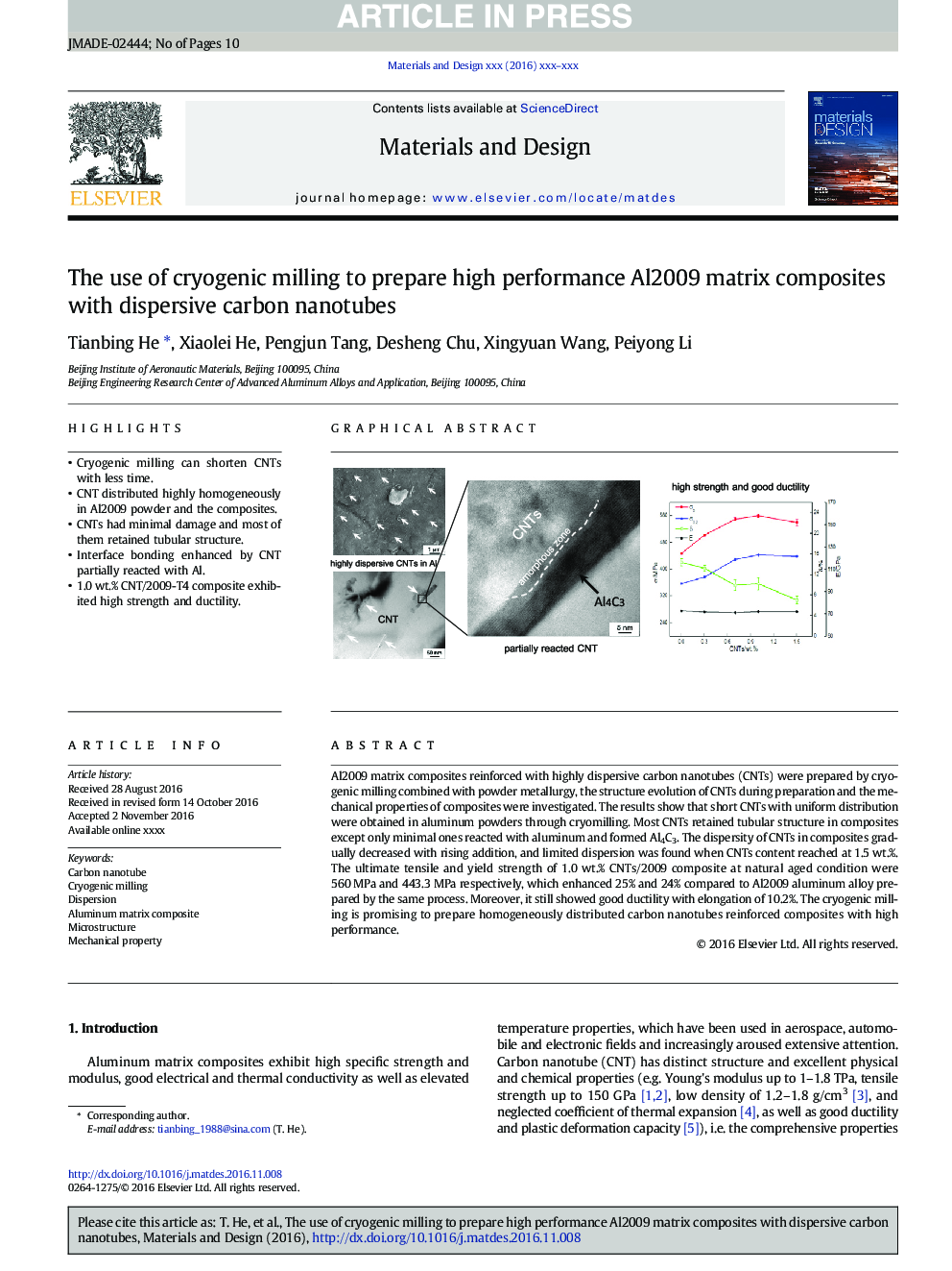 The use of cryogenic milling to prepare high performance Al2009 matrix composites with dispersive carbon nanotubes