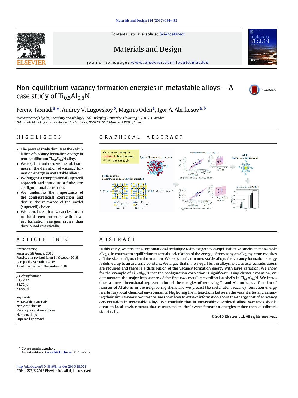 Non-equilibrium vacancy formation energies in metastable alloys - A case study ofÂ Ti0.5Al0.5N