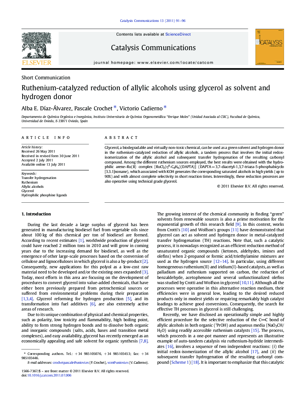 Ruthenium-catalyzed reduction of allylic alcohols using glycerol as solvent and hydrogen donor