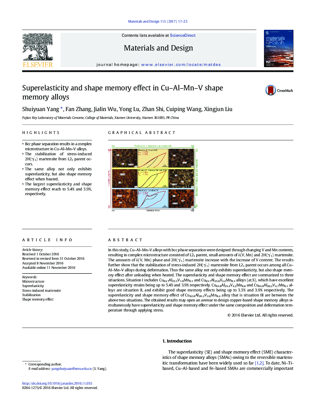 Superelasticity and shape memory effect in Cu-Al-Mn-V shape memory alloys