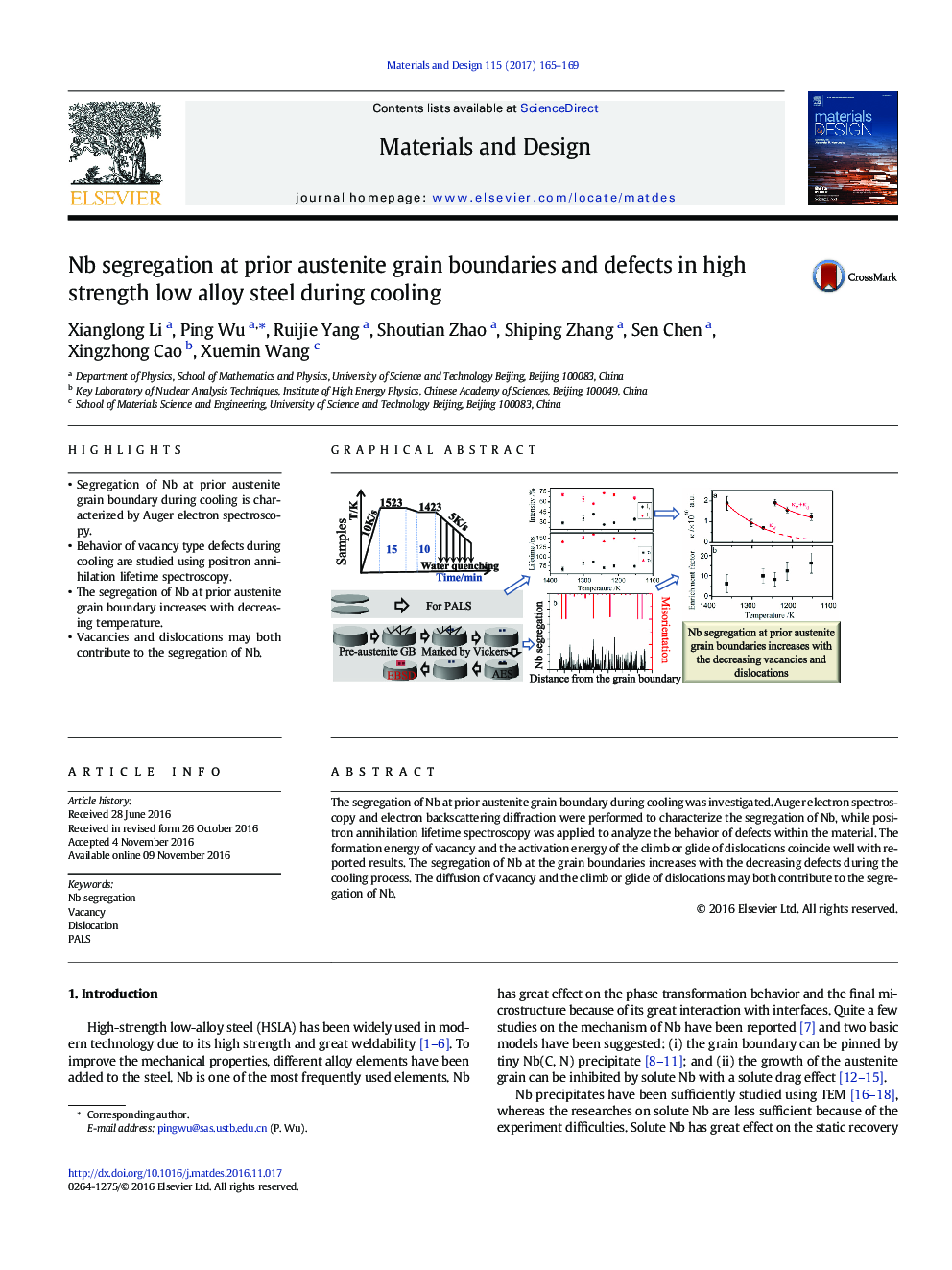 Nb segregation at prior austenite grain boundaries and defects in high strength low alloy steel during cooling