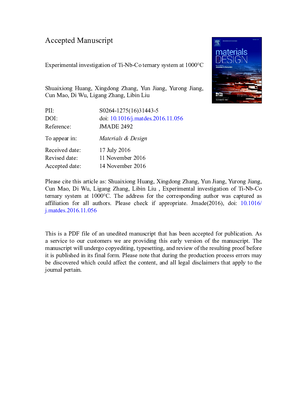 Experimental investigation of Ti-Nb-Co ternary system at 1000Â Â°C