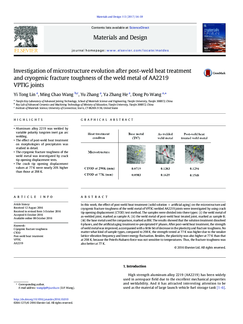 Investigation of microstructure evolution after post-weld heat treatment and cryogenic fracture toughness of the weld metal of AA2219 VPTIG joints