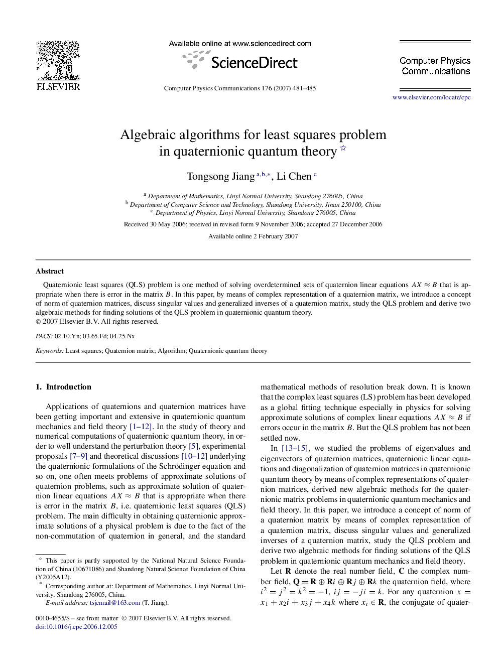 Algebraic algorithms for least squares problem in quaternionic quantum theory 