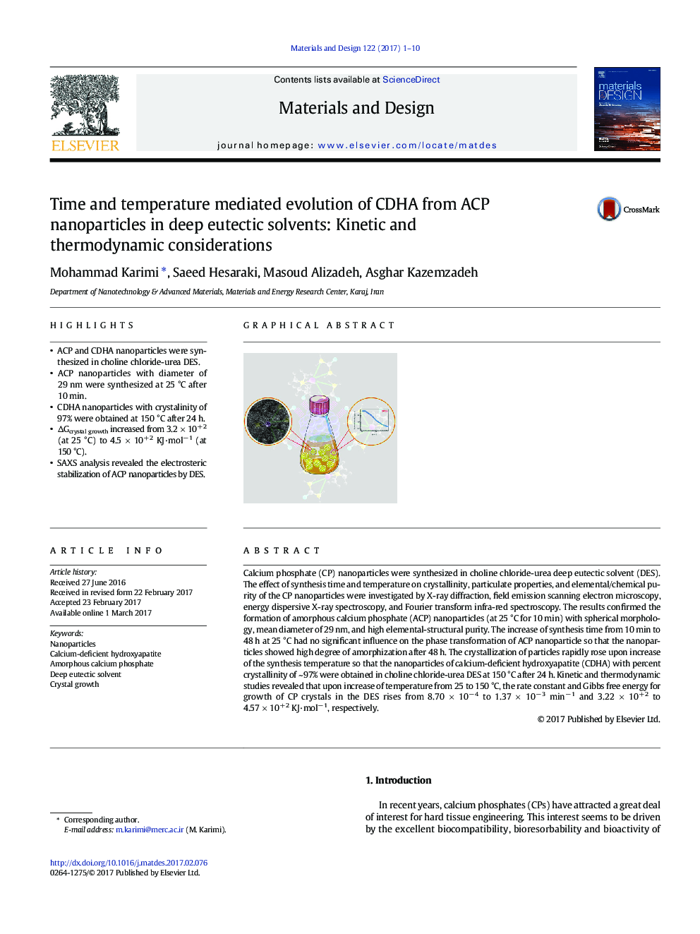 Time and temperature mediated evolution of CDHA from ACP nanoparticles in deep eutectic solvents: Kinetic and thermodynamic considerations