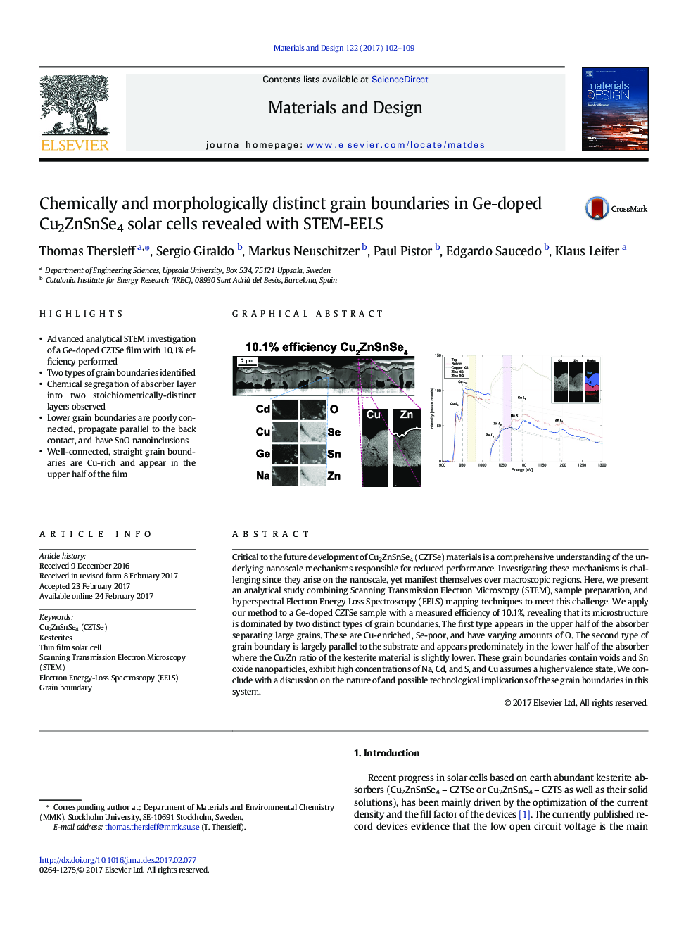 Chemically and morphologically distinct grain boundaries in Ge-doped Cu2ZnSnSe4 solar cells revealed with STEM-EELS