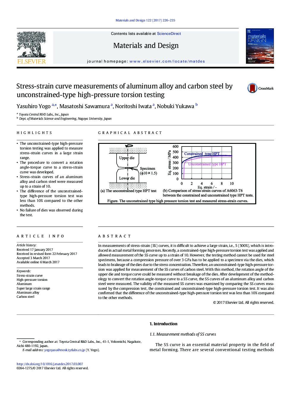 Stress-strain curve measurements of aluminum alloy and carbon steel by unconstrained-type high-pressure torsion testing