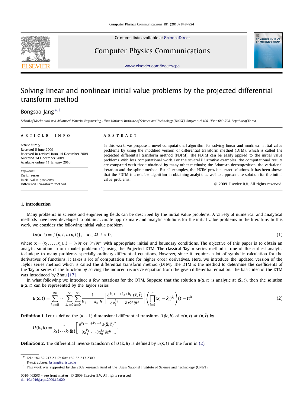 Solving linear and nonlinear initial value problems by the projected differential transform method