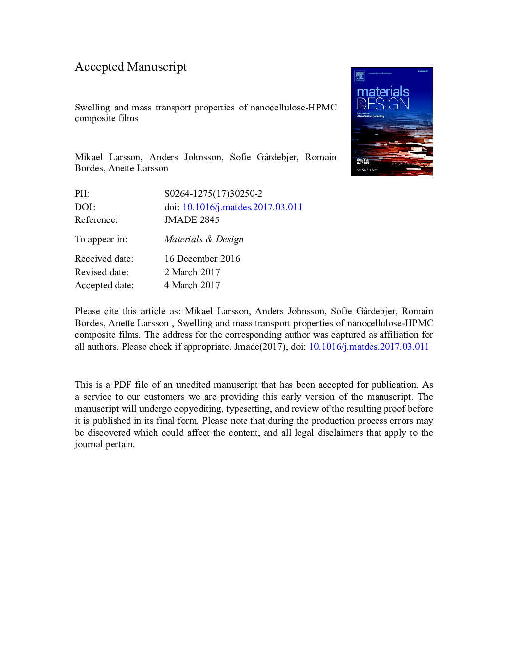 Swelling and mass transport properties of nanocellulose-HPMC composite films