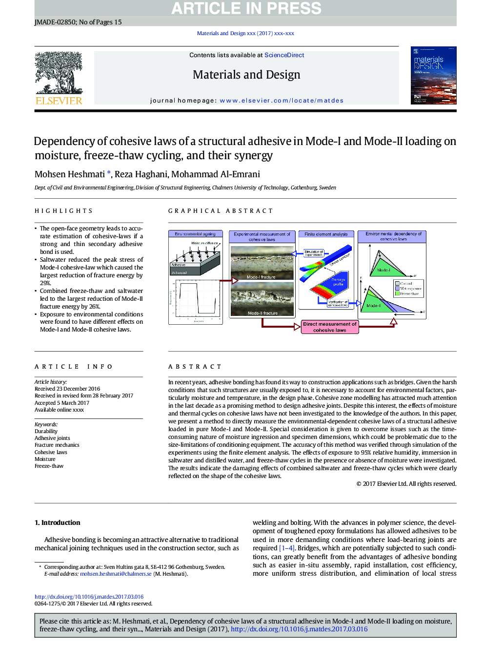 Dependency of cohesive laws of a structural adhesive in Mode-I and Mode-II loading on moisture, freeze-thaw cycling, and their synergy