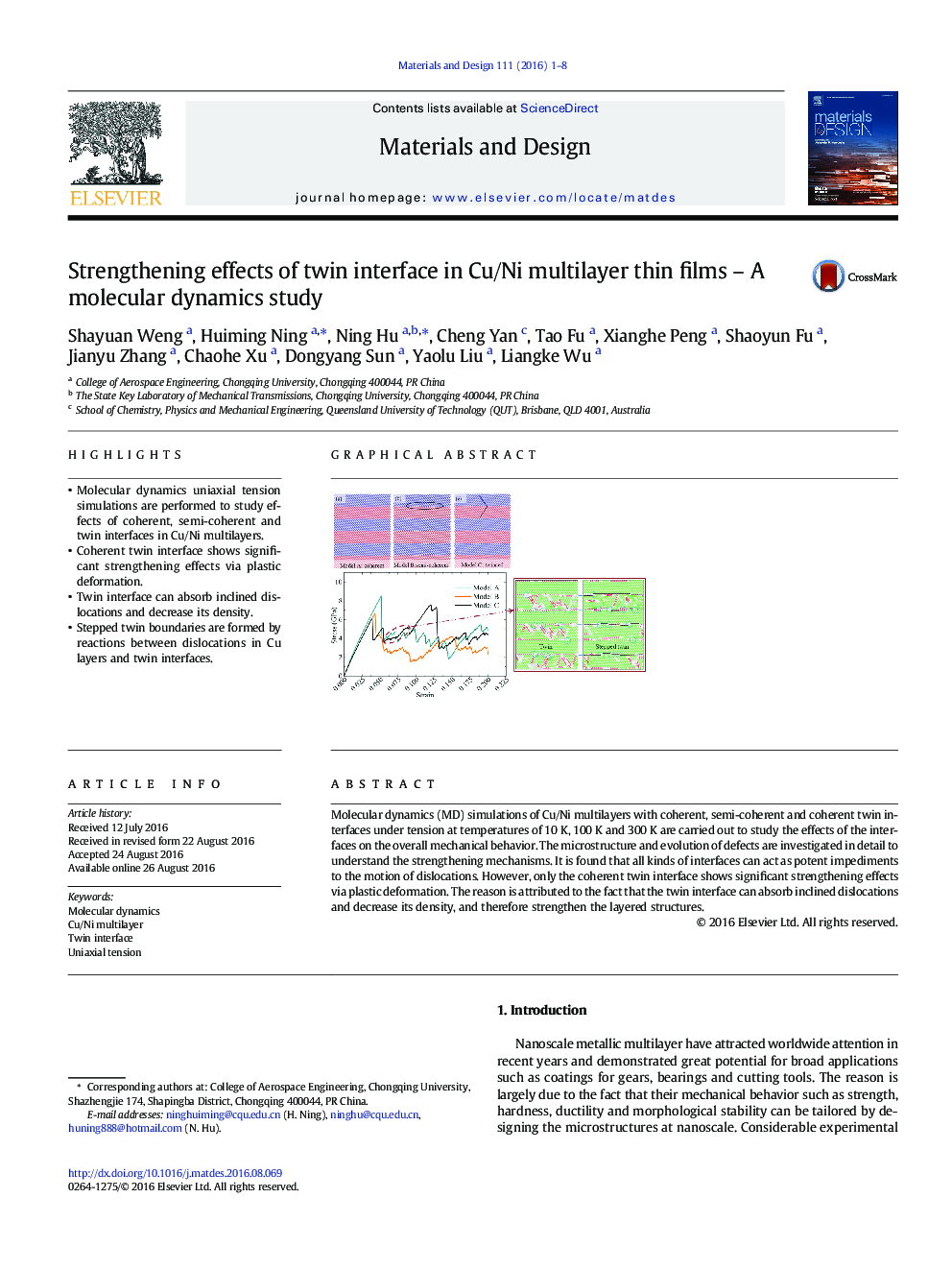 Strengthening effects of twin interface in Cu/Ni multilayer thin films - A molecular dynamics study