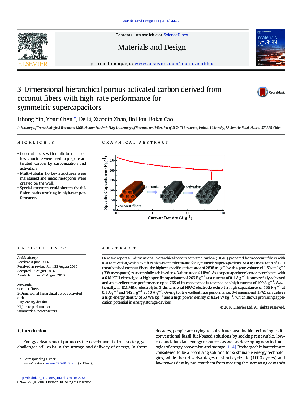 3-Dimensional hierarchical porous activated carbon derived from coconut fibers with high-rate performance for symmetric supercapacitors