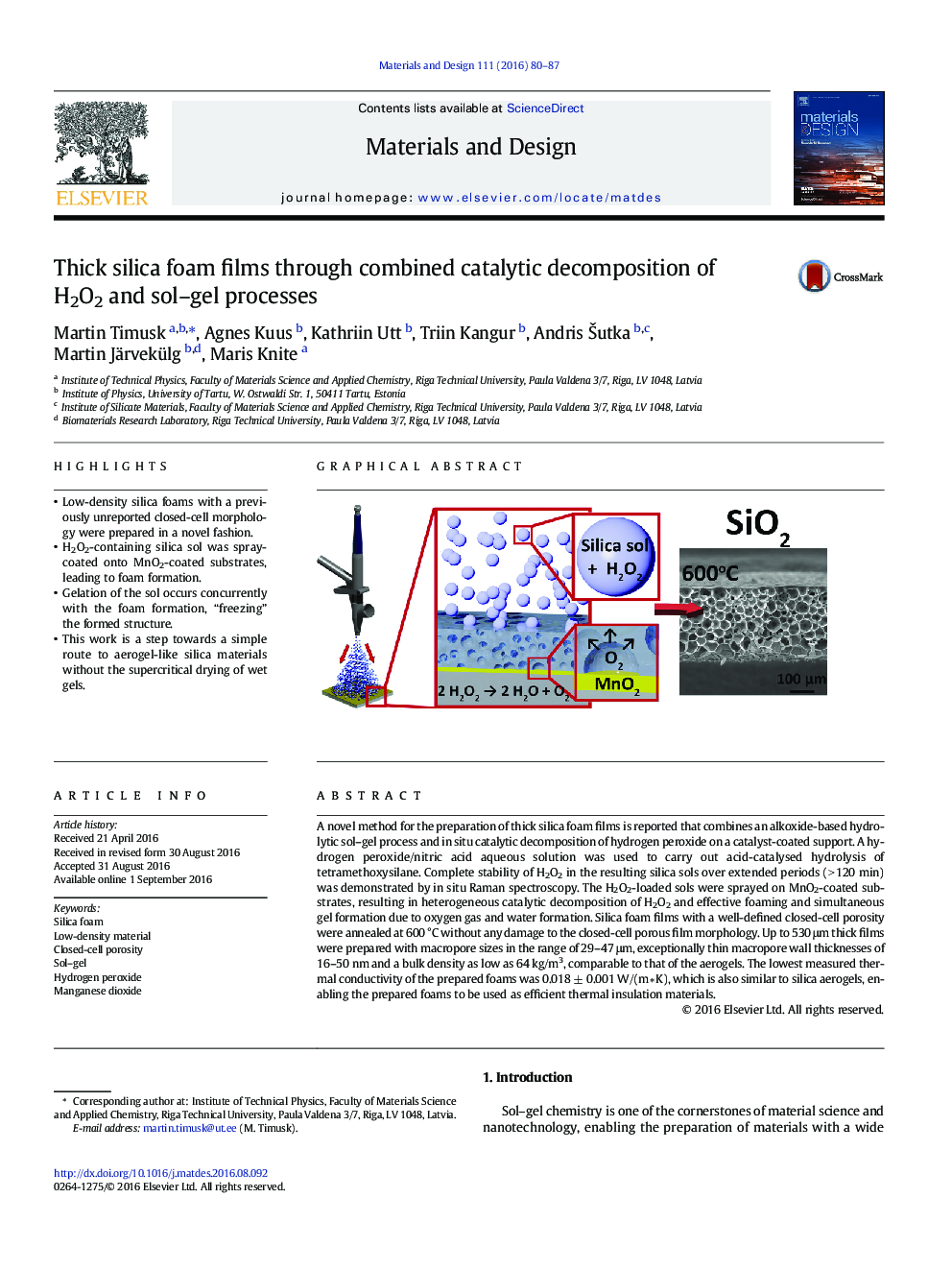 عکس صفحه اول مقاله: Thick silica foam films through combined catalytic decomposition of H2O2 and sol-gel processes Thick silica foam films through combined catalytic decomposition of H2O2 and sol-gel processes