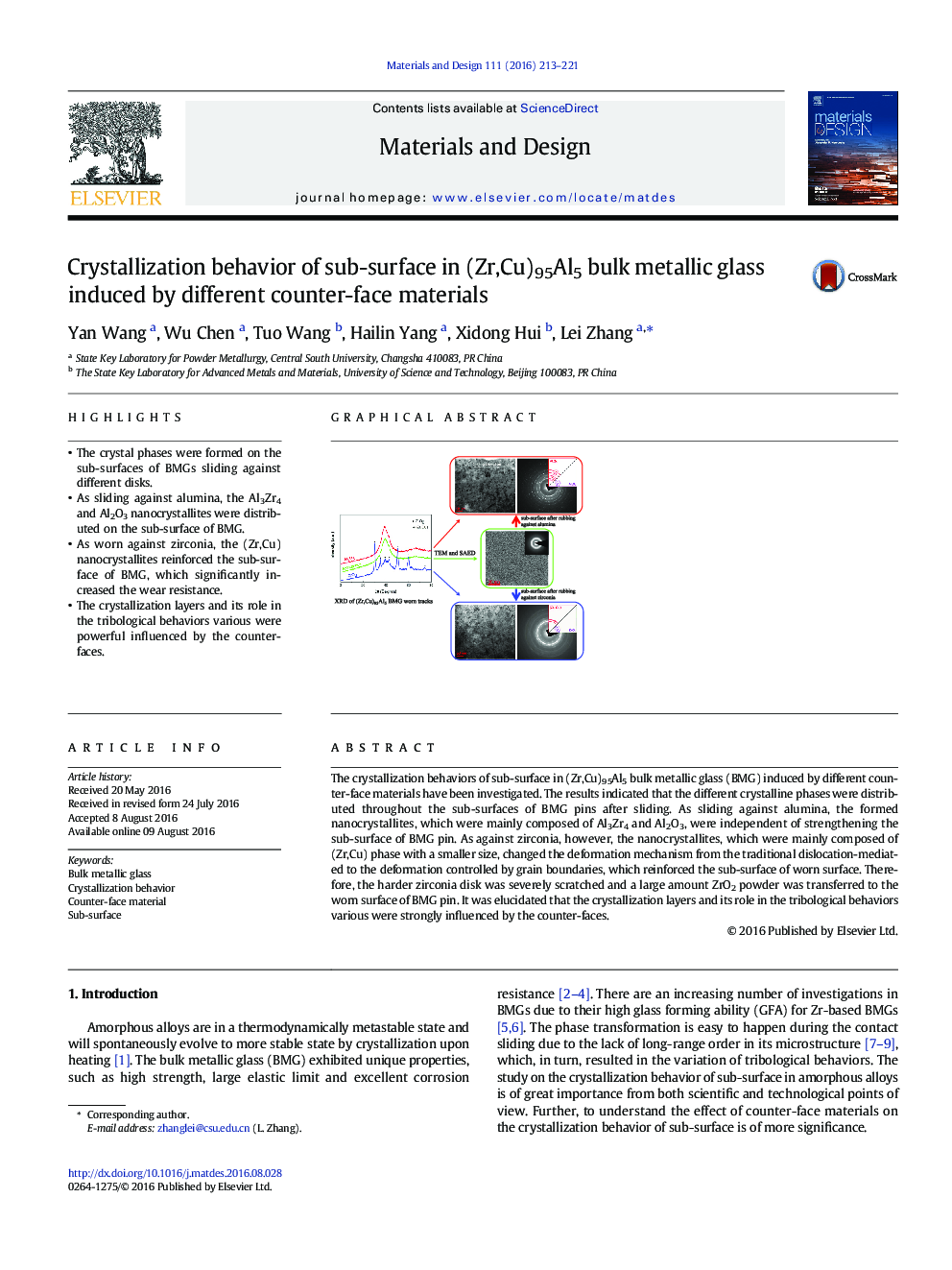 عکس صفحه اول مقاله: Crystallization behavior of sub-surface in (Zr,Cu)95Al5 bulk metallic glass induced by different counter-face materials Crystallization behavior of sub-surface in (Zr,Cu)95Al5 bulk metallic glass induced by different counter-face materials