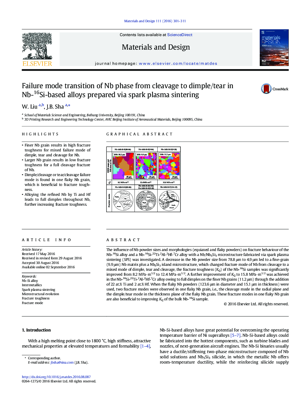 Failure mode transition of Nb phase from cleavage to dimple/tear in Nb-16Si-based alloys prepared via spark plasma sintering