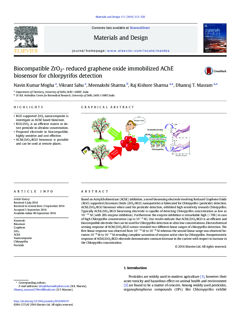 Biocompatible ZrO2- reduced graphene oxide immobilized AChE biosensor for chlorpyrifos detection