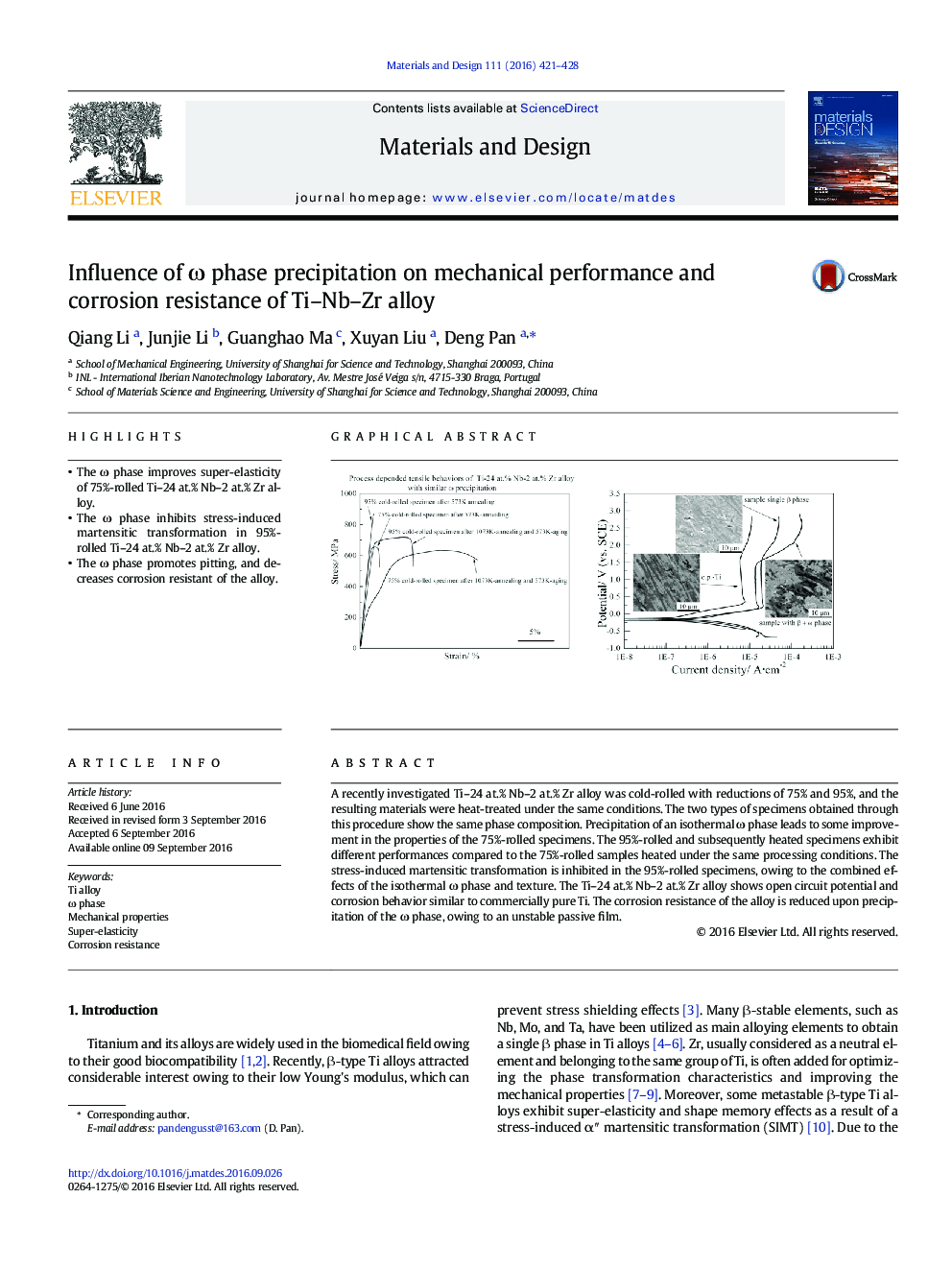 Influence of Ï phase precipitation on mechanical performance and corrosion resistance of Ti-Nb-Zr alloy