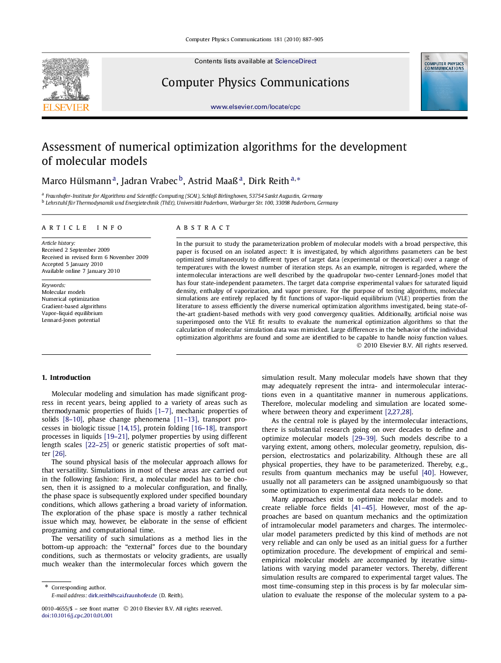 عکس صفحه اول مقاله: Assessment of numerical optimization algorithms for the development of molecular models Assessment of numerical optimization algorithms for the development of molecular models