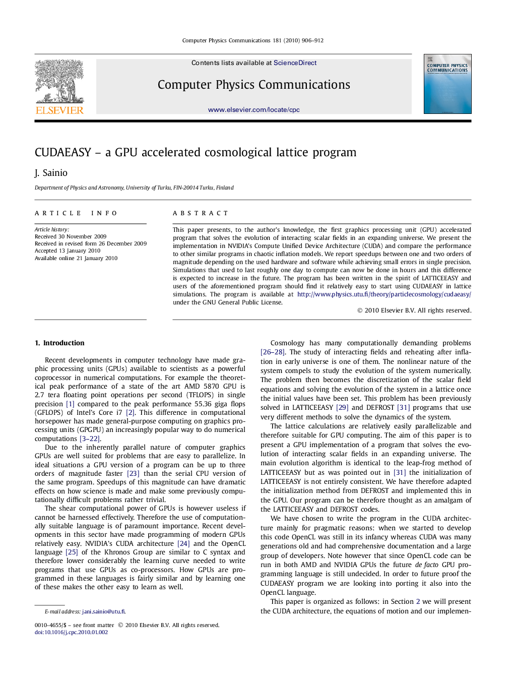 عکس صفحه اول مقاله: CUDAEASY – a GPU accelerated cosmological lattice program CUDAEASY – a GPU accelerated cosmological lattice program