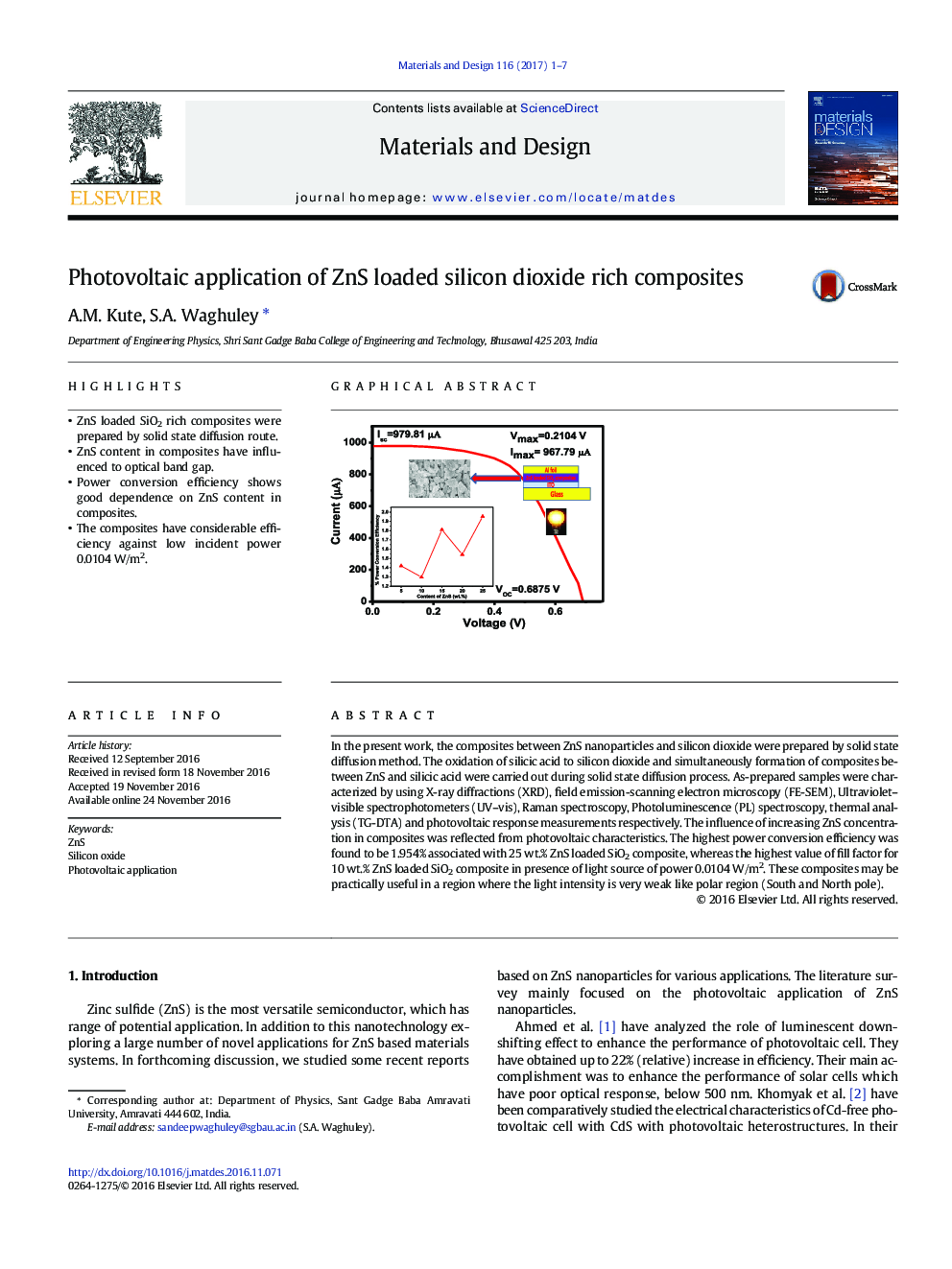 Photovoltaic application of ZnS loaded silicon dioxide rich composites