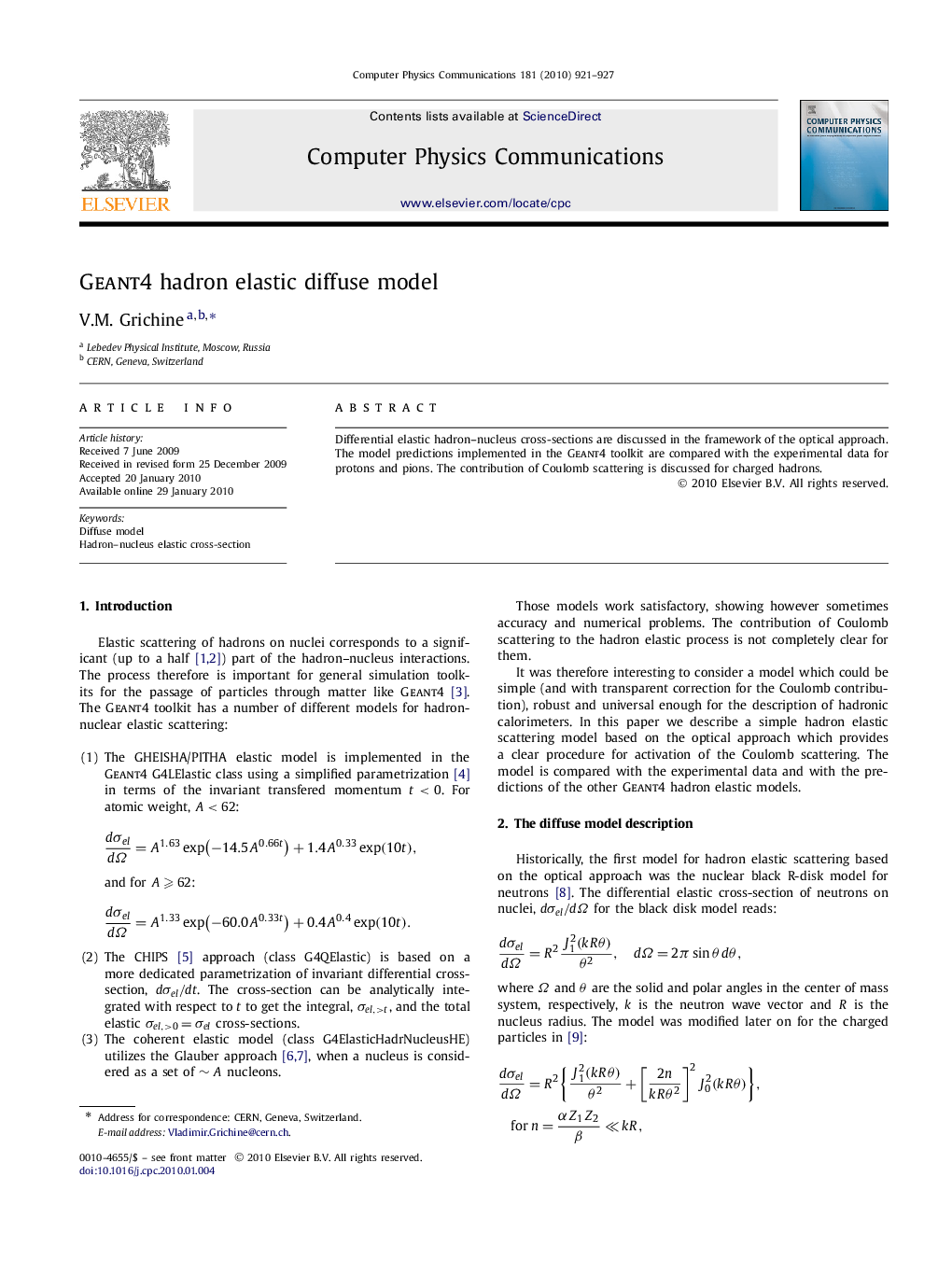 عکس صفحه اول مقاله: Geant4 hadron elastic diffuse model Geant4 hadron elastic diffuse model