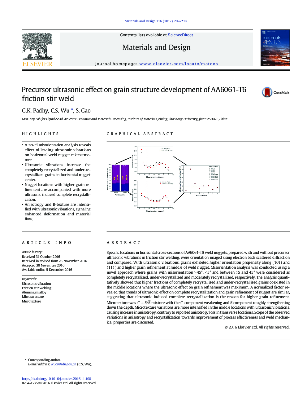 Precursor ultrasonic effect on grain structure development of AA6061-T6 friction stir weld