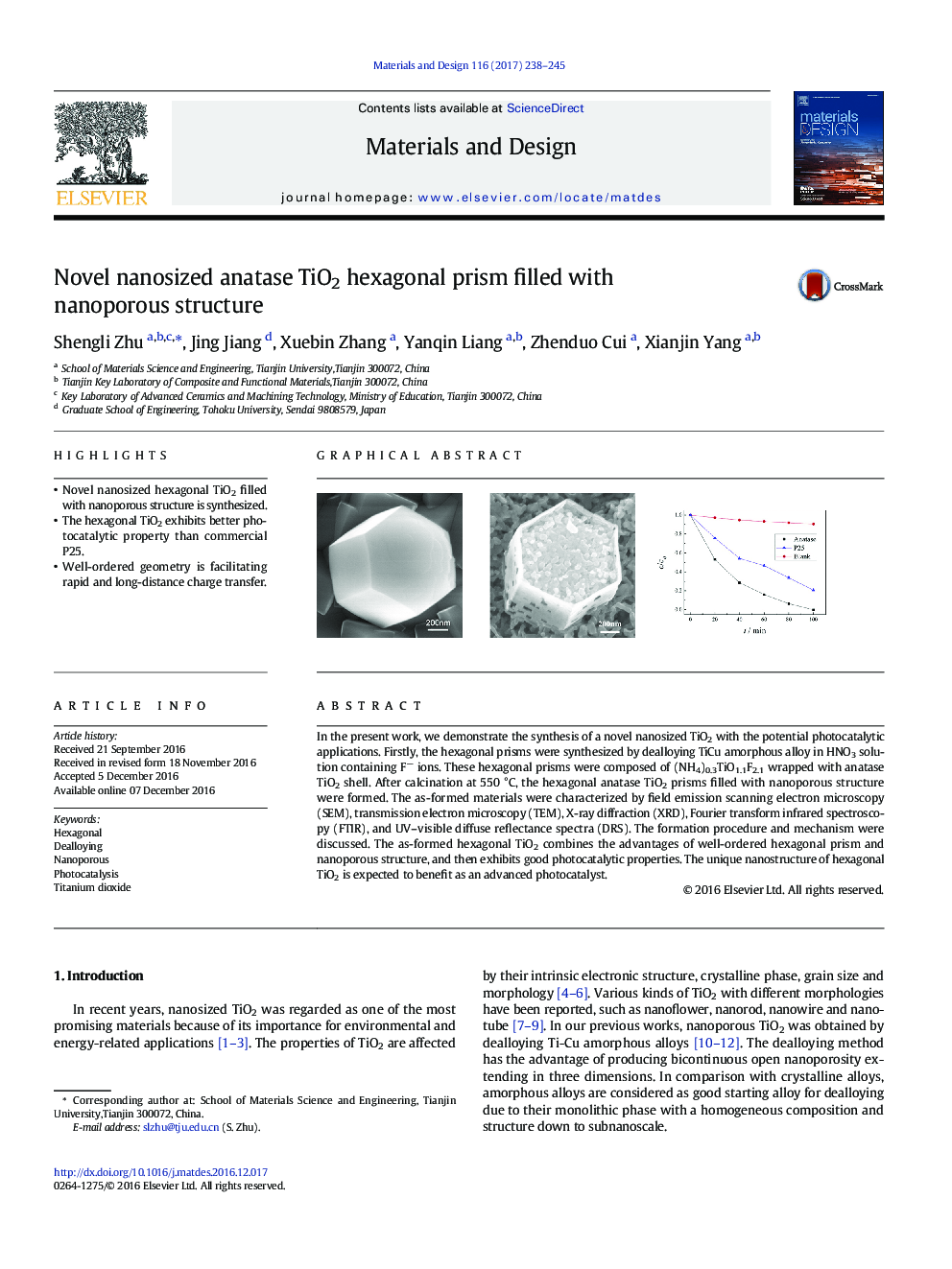 عکس صفحه اول مقاله: Novel nanosized anatase TiO2 hexagonal prism filled with nanoporous structure Novel nanosized anatase TiO2 hexagonal prism filled with nanoporous structure