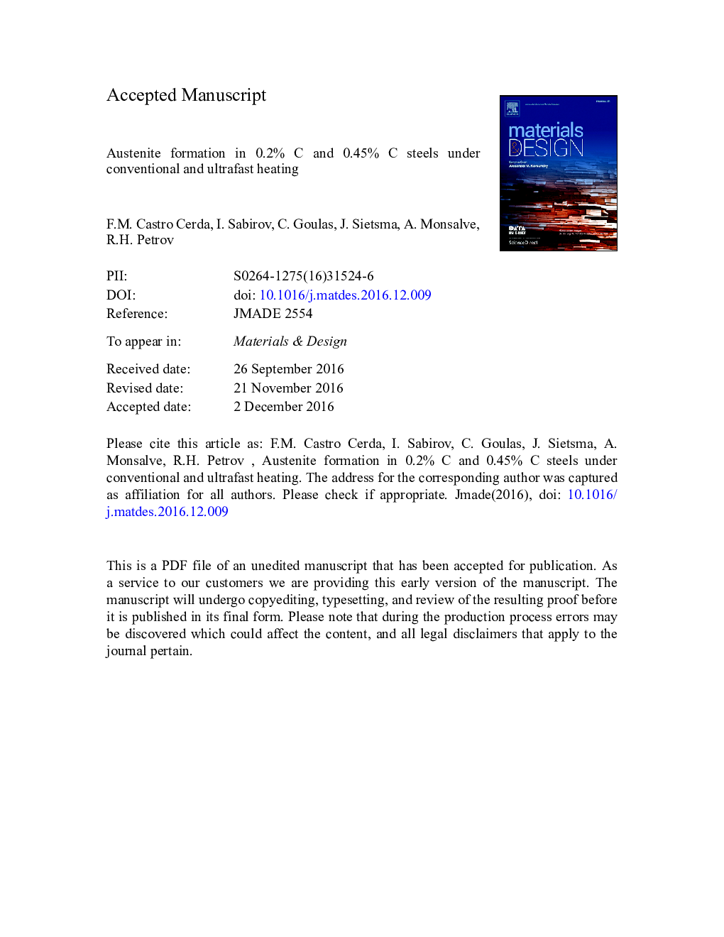 عکس صفحه اول مقاله: Austenite formation in 0.2% C and 0.45% C steels under conventional and ultrafast heating Austenite formation in 0.2% C and 0.45% C steels under conventional and ultrafast heating