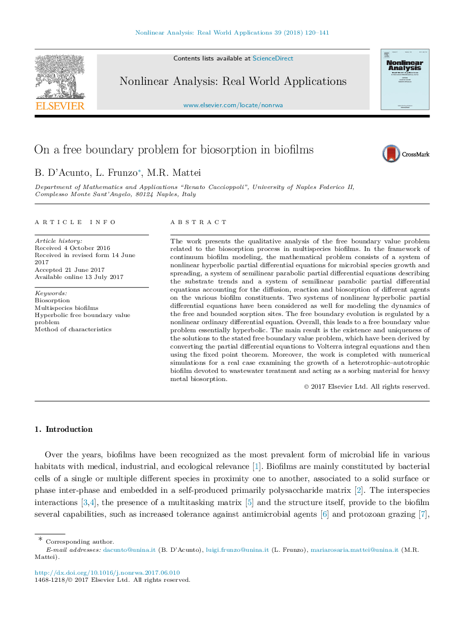 On a free boundary problem for biosorption in biofilms