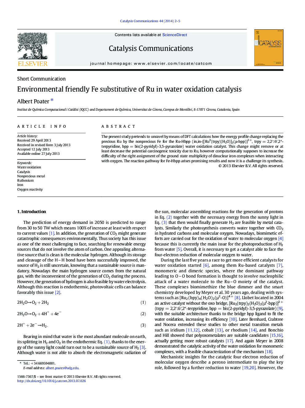 Environmental friendly Fe substitutive of Ru in water oxidation catalysis