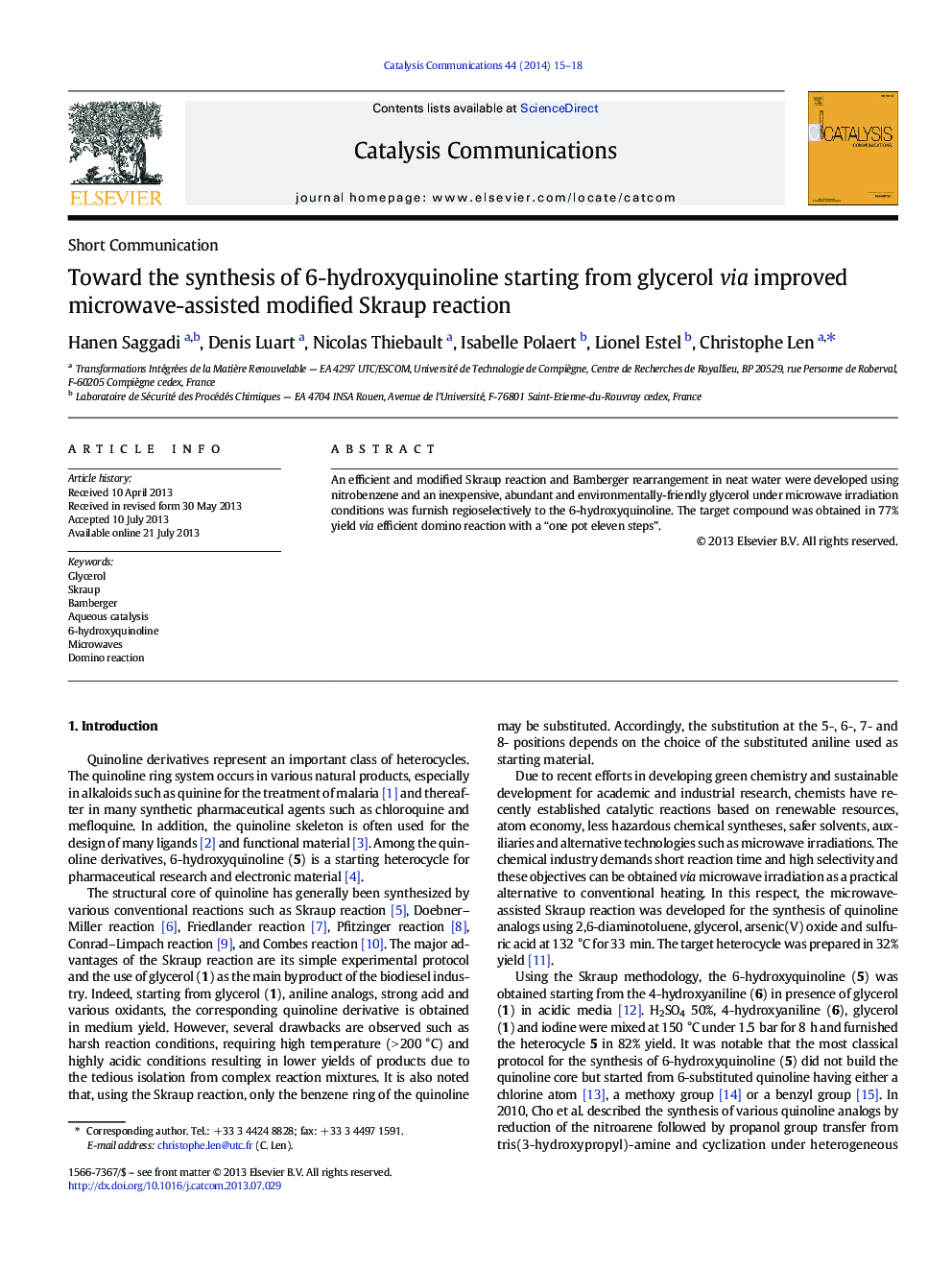 عکس صفحه اول مقاله: Toward the synthesis of 6-hydroxyquinoline starting from glycerol via improved microwave-assisted modified Skraup reaction Toward the synthesis of 6-hydroxyquinoline starting from glycerol via improved microwave-assisted modified Skraup reaction