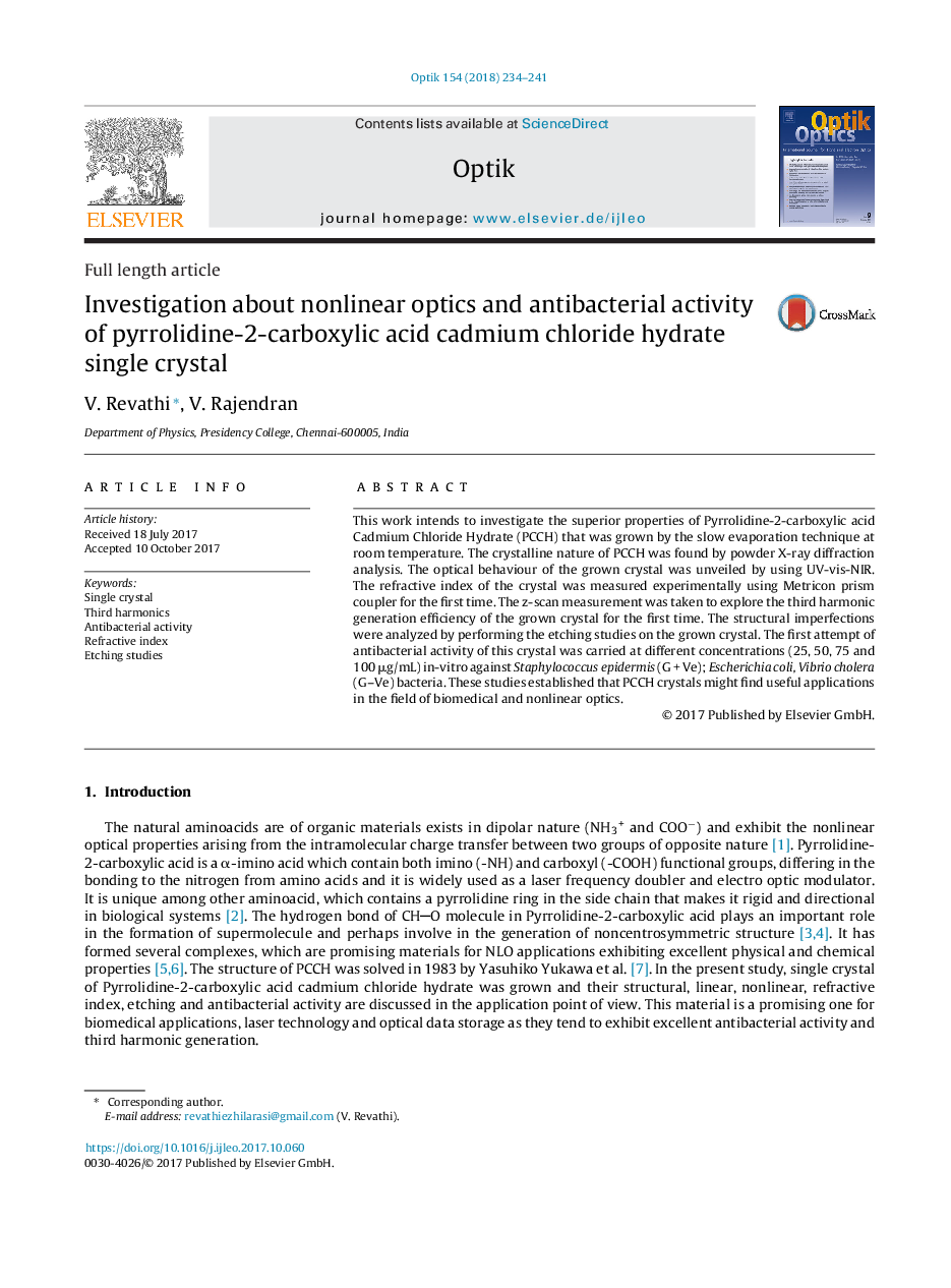 Investigation about nonlinear optics and antibacterial activity of pyrrolidine-2-carboxylic acid cadmium chloride hydrate single crystal