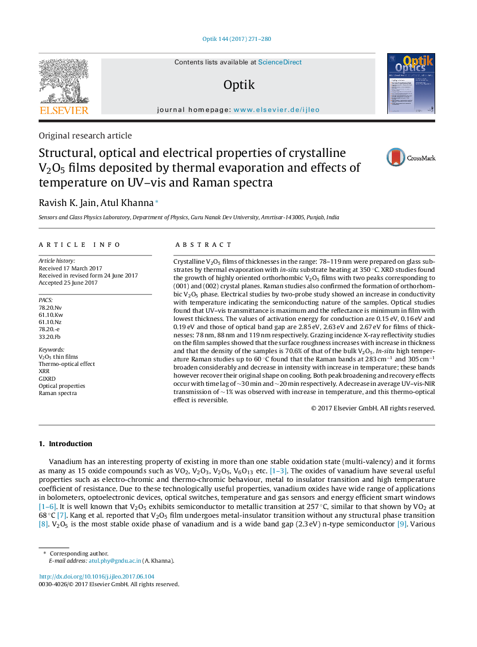 عکس صفحه اول مقاله: Structural, optical and electrical properties of crystalline V2O5 films deposited by thermal evaporation and effects of temperature on UV-vis and Raman spectra Structural, optical and electrical properties of crystalline V2O5 films deposited by thermal evaporation and effects of temperature on UV-vis and Raman spectra