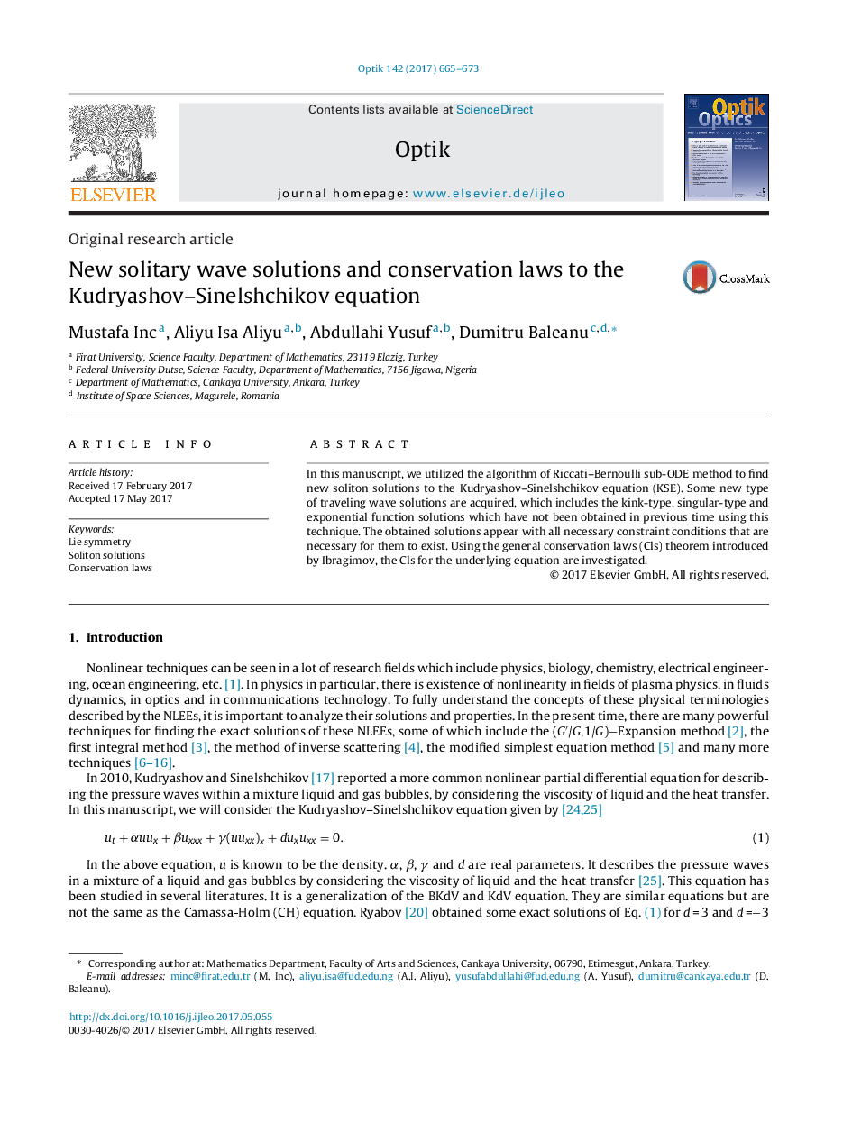 Original research articleNew solitary wave solutions and conservation laws to the Kudryashov-Sinelshchikov equation