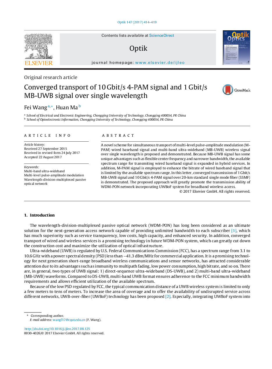 Converged transport of 10Â Gbit/s 4-PAM signal and 1Â Gbit/s MB-UWB signal over single wavelength