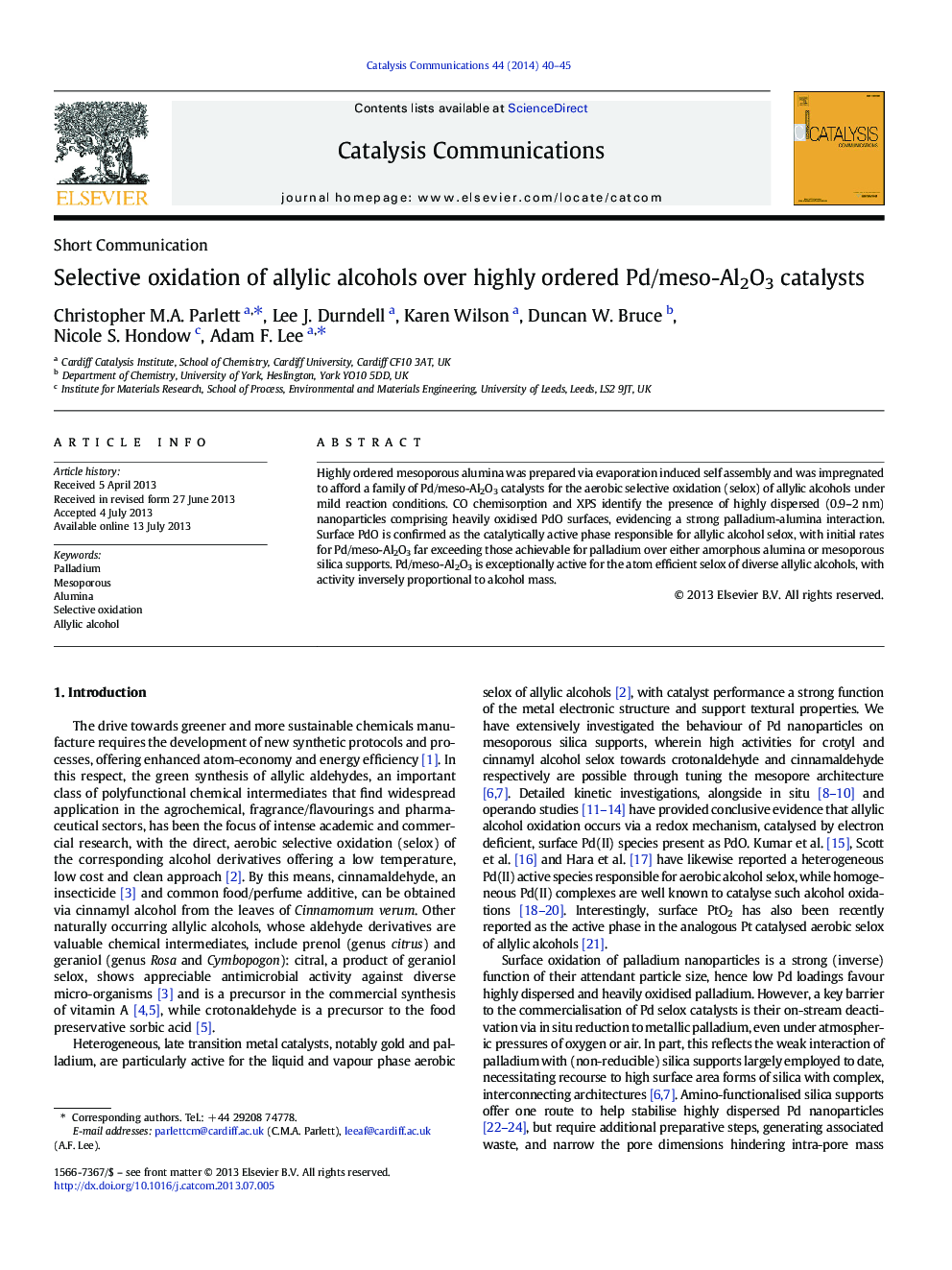 Selective oxidation of allylic alcohols over highly ordered Pd/meso-Al2O3 catalysts