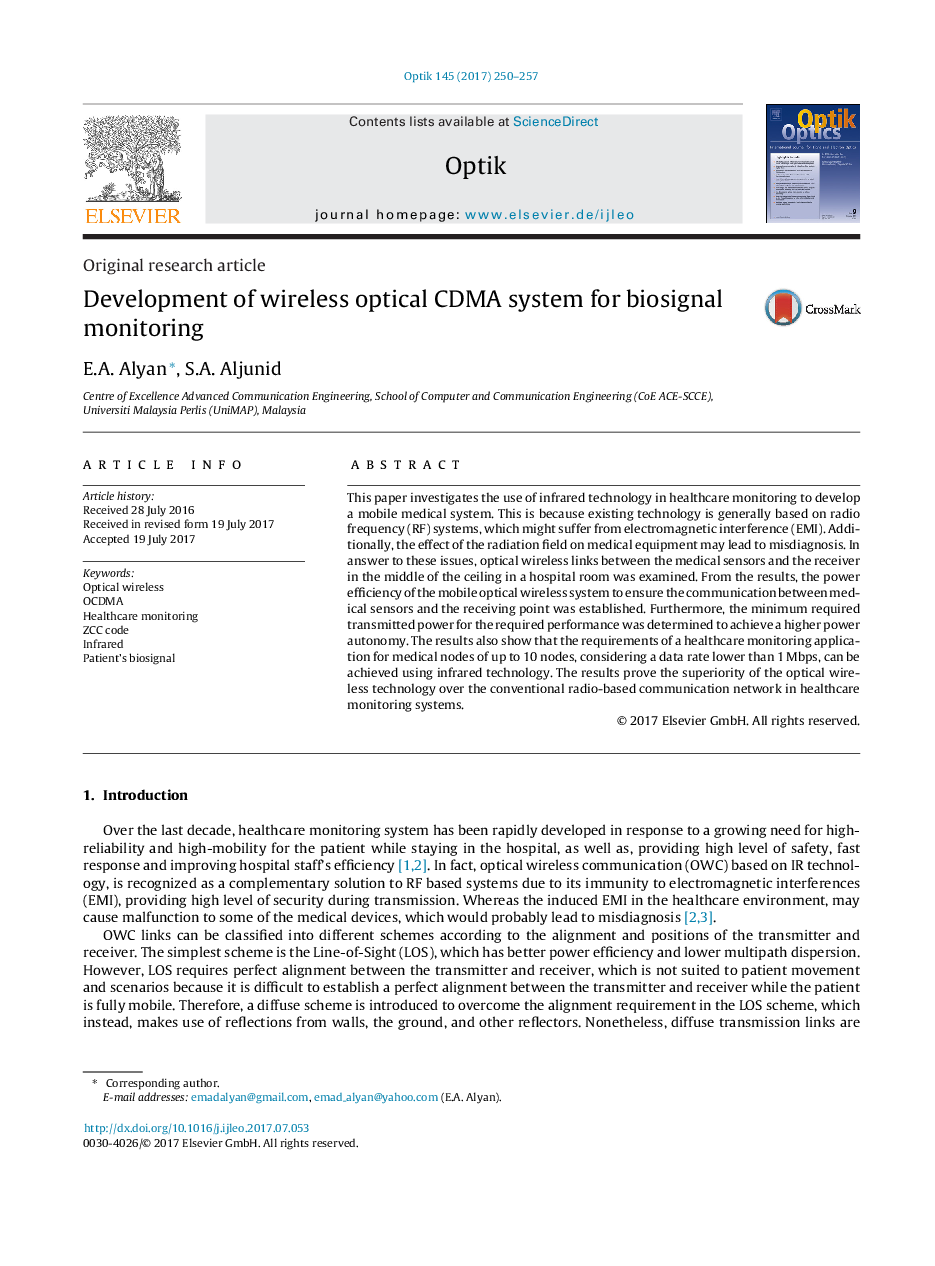 Original research articleDevelopment of wireless optical CDMA system for biosignal monitoring