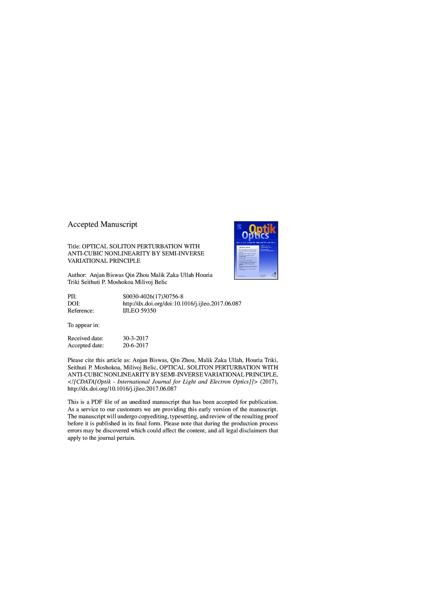 Optical soliton perturbation with anti-cubic nonlinearity by semi-inverse variational principle