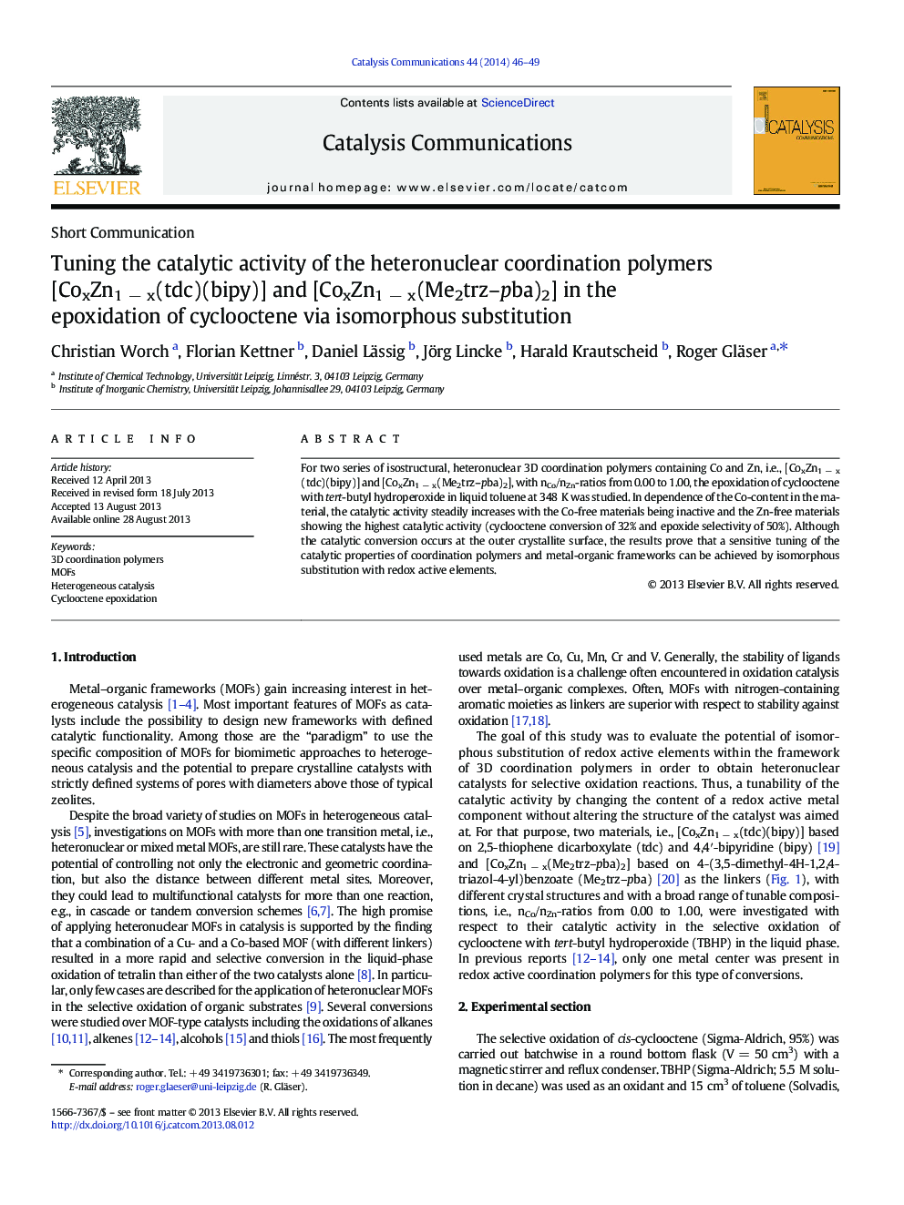 Tuning the catalytic activity of the heteronuclear coordination polymers [CoxZn1 − x(tdc)(bipy)] and [CoxZn1 − x(Me2trz–pba)2] in the epoxidation of cyclooctene via isomorphous substitution